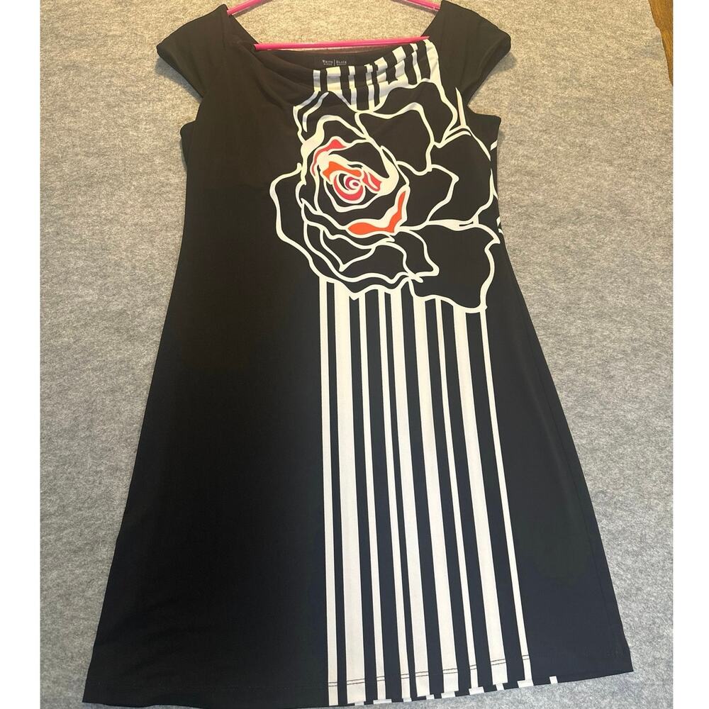 White House Black Market dress w/rose graphic vertical black&white stripes small